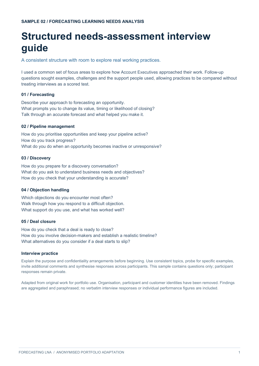 Anonymised sample 02: Structured needs-assessment interview guide